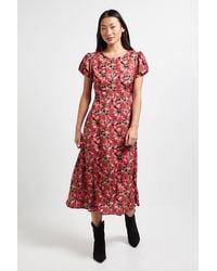 Dorothy Perkins - Petite Floral Tie Back Detail Puff Sleeve Midi Dress - Lyst