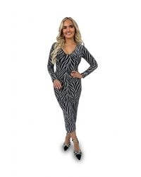 IKRUSH - Evelyn Printed V-Neck Long Sleeve Glitter Midi Dress - Lyst