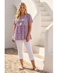Roman - Curve Tie Front V-Neck Boho Printed Top - Lyst