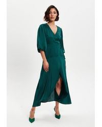 Liquorish - Dark Midi Wrap Dress W/ Short Puff Sleeves - Lyst