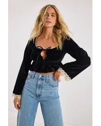 Nasty Gal - Velvet Lace Trim Tie Front Long Sleeve Top - Lyst