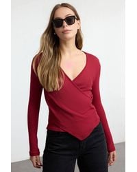 WOVCOR - V-Neck Wrap Long Sleeve Ribbed Knit Blouse - Lyst