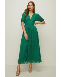 Oasis - Petite Lace Puff Sleeve V Neck Midaxi Dress - Lyst