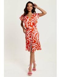 Liquorish - Abstract Print Midi Dress W/ Frill Details - Lyst