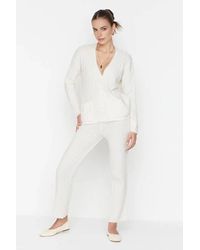 WOVCOR - 2-Piece Set Ribbed Knit Cardigan & Wide Leg Trousers - Lyst