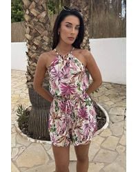 AX Paris - Multi Tropical Flower Print Racer Neck Drawstring Playsuit - Lyst