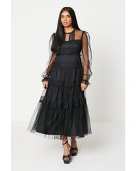 Oasis - Petite Mesh Ruffle Lace Insert Tiered Midi Dress - Lyst