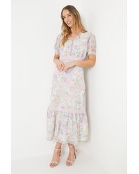 Oasis - Soft Floral Chiffon Lace Insert Midi Tea Dress - Lyst