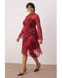 WOVCOR - Floral Print Ruched Mesh Midi Dress W/ Long Sleeves - Lyst