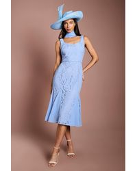 Coast - Lisa Tan Scarf Detail Lace Midi Dress With Godets - Lyst