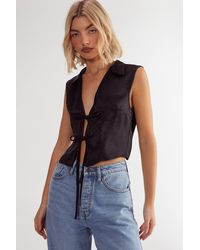 Nasty Gal - Textured Satin Tie Front Collared Top - Lyst