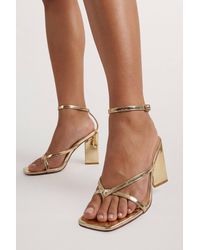 MissPap - Faux Metallic Leather Cross Strap Toe Post High Block Heel Sandals - Lyst