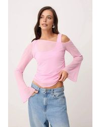 WOVCOR - Fitted Asymmetric Neck Long Sleeve Ruched Mesh Blouse - Lyst