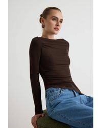 WOVCOR - Fitted Boat Neck Long Sleeve Lace Detail Ribbed Blouse - Lyst