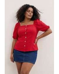 WOVCOR - Square Neck Button Detail Puff Sleeve Top - Lyst
