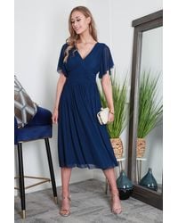 Double Second - Pleated Tulle V-Neck Angel Sleeve Midi Dress - Lyst