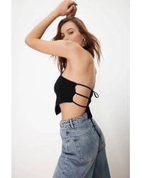 WOVCOR - High Neck Open Back Tie Detail Crop Top W/ Strappy Back Design - Lyst