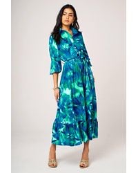 FS Collection - Abstract Floral Print Shirt Midi Dress W/ Ruffled Hem - Lyst