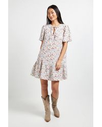 Dorothy Perkins - Petite Tie Detail Drop Hem Printed Mini Dress - Lyst