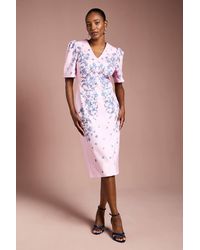 Coast - Puff Sleeve Floral Placement Print Structured Cotton Pencil Dress - Lyst
