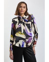 Karen Millen - Viscose Satin Crepe Printed Tie Neck Shirt - Lyst