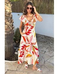 AX Paris - Multi Leaf Print Open Tie Back Frill Top Smock Midi Dress - Lyst