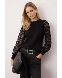 WOVCOR - Knitted Crew-Neck Sweater W/ Sheer Tulle Floral Sleeves - Lyst