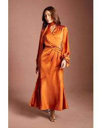 Coast - Wrap Bodice Blouson Sleeve Satin Midi Dress - Lyst