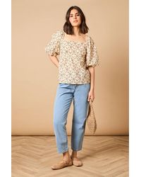 Oasis - Printed Puff Sleeve Square Neck Cotton Top - Lyst