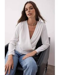 WOVCOR - V-Neck Satin Woven Blouse W/ Draped Wrap Detail - Lyst