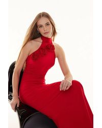 WOVCOR - Woven Maxi Elegant Evening Dress W/ Rose Detail - Lyst