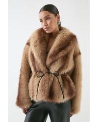 MissPap - Faux Fur Wide Collar Belted Jacket - Lyst
