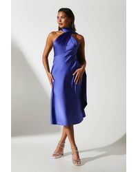 Coast - Cross Front Tie Neck Satin Midi Wedding Guest Dress - Lyst