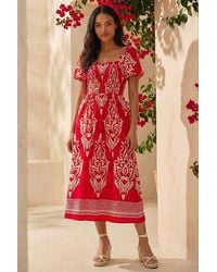 Roman - Abstract Print Shirred Midi Dress - Lyst