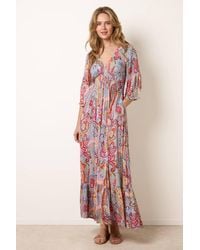 Blue Vanilla - Shirred Waist Multi Long Sleeve V-Neck Maxi Dress - Lyst