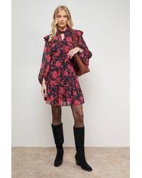Oasis - Printed Ruched High Neck Mini Fit & Flare Dress - Lyst