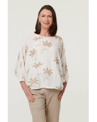 Izabel London - Floral Embroidered 3/4 Sleeve Top - Lyst