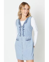 Oasis - Cord Scallop Edge Embroidered Pinafore Dress - Lyst
