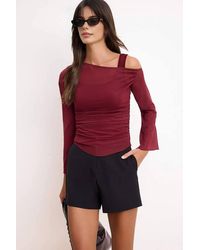 WOVCOR - Fitted Asymmetric Neck Long Sleeve Ruched Mesh Blouse - Lyst