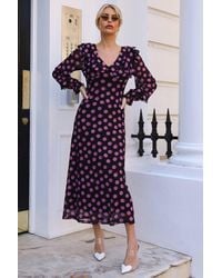 Jolie Moi - Ruffle V Neck Long Sleeve Mesh Maxi Dress - Lyst