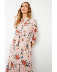Oasis - Pink Floral Broderie Button Through Midi Dress - Lyst