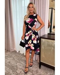 AX Paris - Floral Print Gathered Midi Dress W/ Shoulder Pads - Lyst