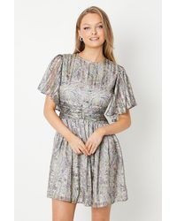 Oasis - Paisley Metallic Stripe Chiffon Fluted Sleeve Gathered Mini Dress - Lyst
