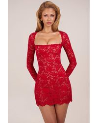Oh Polly - Sheer Scalloped-Lace Long-Sleeve Mini Dress - Lyst