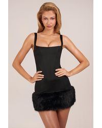 Oh Polly - Satin Square-Neck Corset Faux-Fur Mini Dress - Lyst