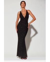 Oh Polly - Embellished Plunge Halter Neck Evening Gown - Lyst