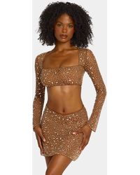 Oh Polly - Sheer Embellished Long Sleeve Crop Top - Lyst