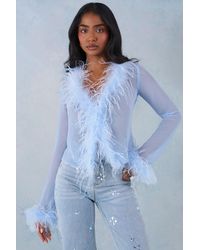 Oh Polly - Feather Trim Sheer Top - Lyst