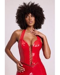 Oh Polly - Vinyl Halter Neck Lace Up Corset Crop Top - Lyst