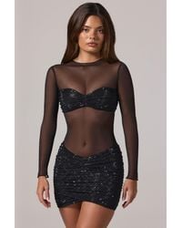 Oh Polly - Sheer Embellished High-Neck Long Sleeve Mini Dress - Lyst